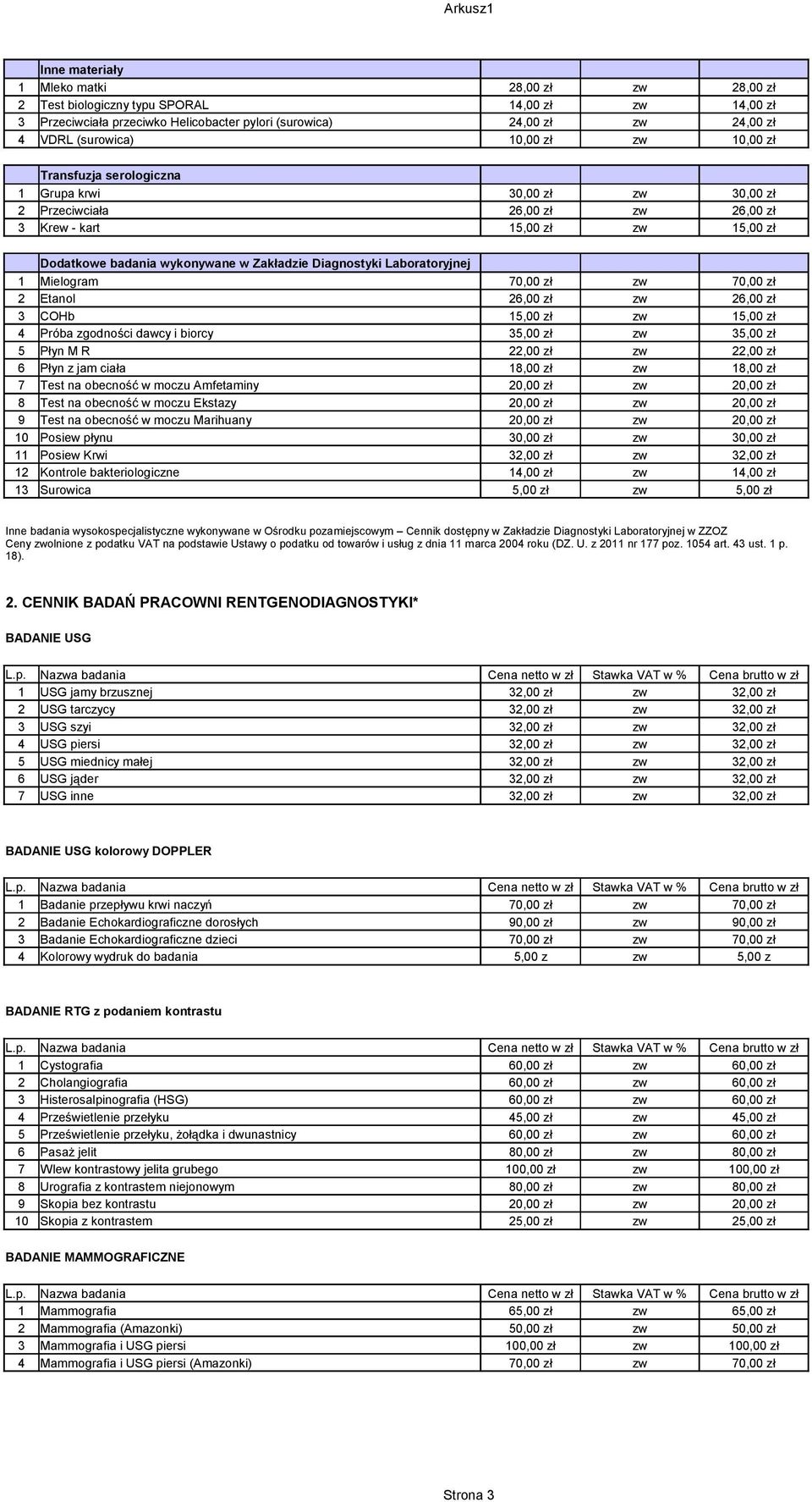 Diagnostyki Laboratoryjnej 1 Mielogram 70,00 zł zw 70,00 zł 2 Etanol 26,00 zł zw 26,00 zł 3 COHb 15,00 zł zw 15,00 zł 4 Próba zgodności dawcy i biorcy 35,00 zł zw 35,00 zł 5 Płyn M R 22,00 zł zw