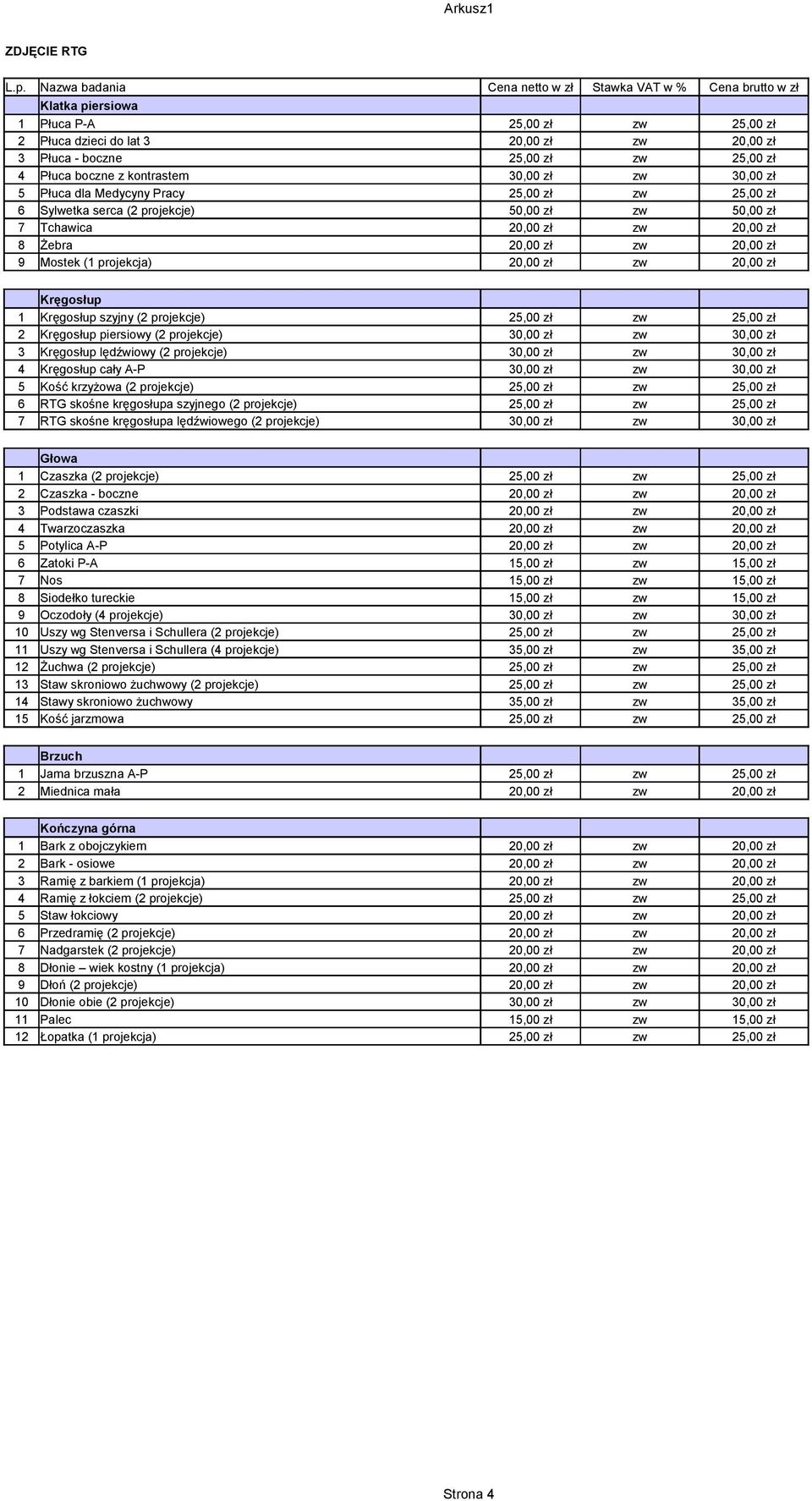 zł Kręgosłup 1 Kręgosłup szyjny (2 projekcje) 25,00 zł zw 25,00 zł 2 Kręgosłup piersiowy (2 projekcje) 30,00 zł zw 30,00 zł 3 Kręgosłup lędźwiowy (2 projekcje) 30,00 zł zw 30,00 zł 4 Kręgosłup cały