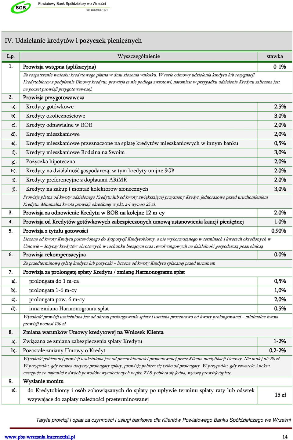 przygotowawczej. 2. Prowizja przygotowawcza a). Kredyty gotówkowe 2,5% b). Kredyty okolicznościowe 3,0% Kredyty odnawialne w ROR 2,0% d). Kredyty mieszkaniowe 2,0% e).