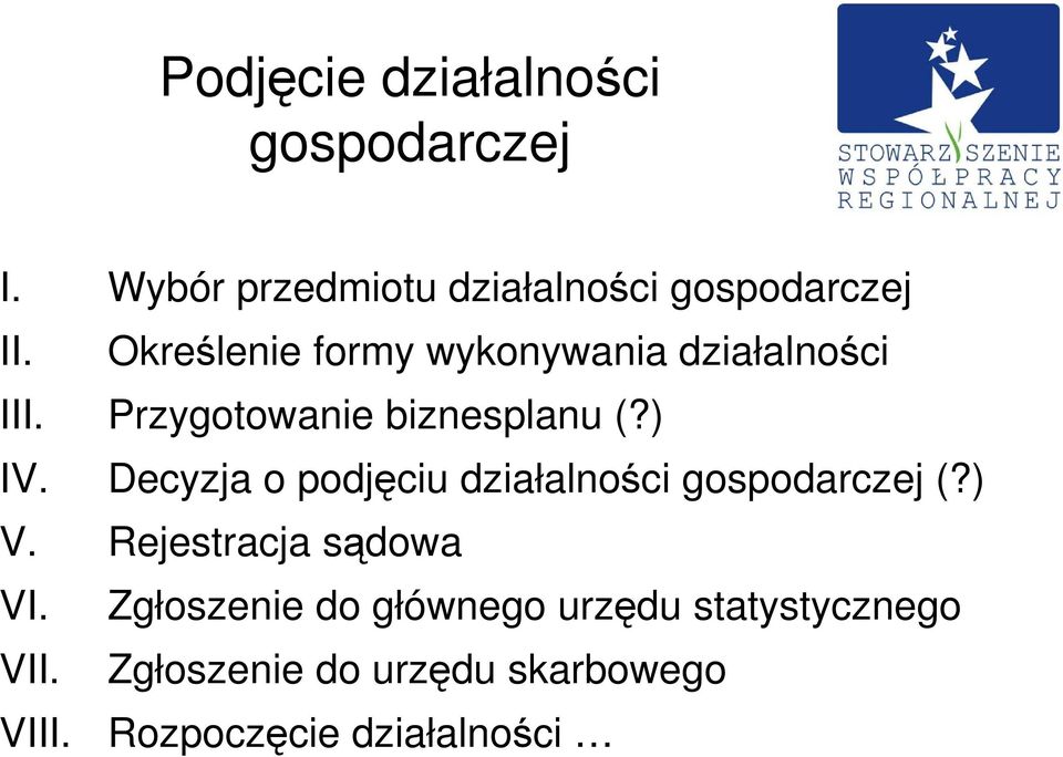 Decyzja o podjęciu działalności gospodarczej (?) V. Rejestracja sądowa VI.