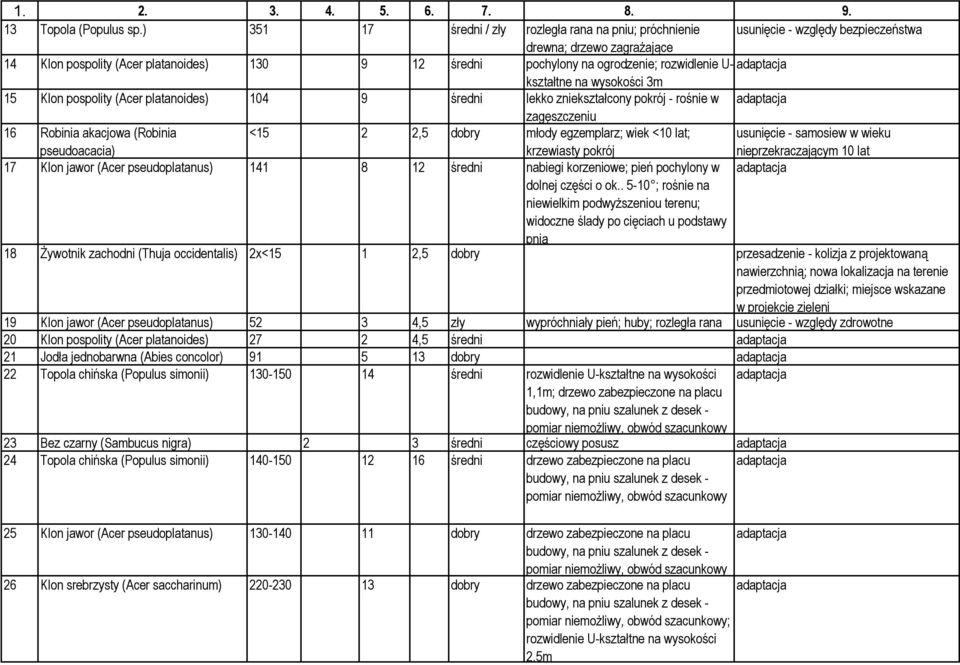 rozwidlenie U- adaptacja kształtne na wysokości 3m 15 Klon pospolity (Acer platanoides) 104 9 średni lekko zniekształcony pokrój - rośnie w adaptacja zagęszczeniu 16 Robinia akacjowa (Robinia