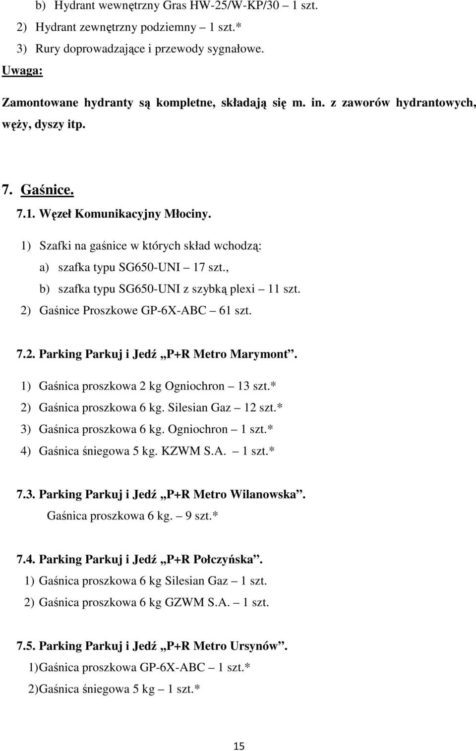 , b) szafka typu SG650-UNI z szybką plexi 11 szt. 2) Gaśnice Proszkowe GP-6X-ABC 61 szt. 7.2. Parking Parkuj i Jedź,,P+R Metro Marymont. 1) Gaśnica proszkowa 2 kg Ogniochron 13 szt.