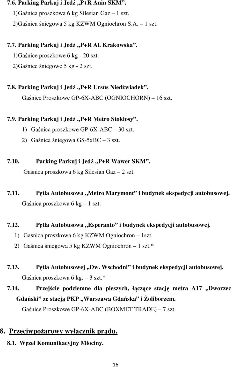 Parking Parkuj i Jedź,,P+R Metro Stokłosy. 1) Gaśnica proszkowe GP-6X-ABC 30 szt. 2) Gaśnica śniegowa GS-5xBC 3 szt. 7.10. Parking Parkuj i Jedź,,P+R Wawer SKM.