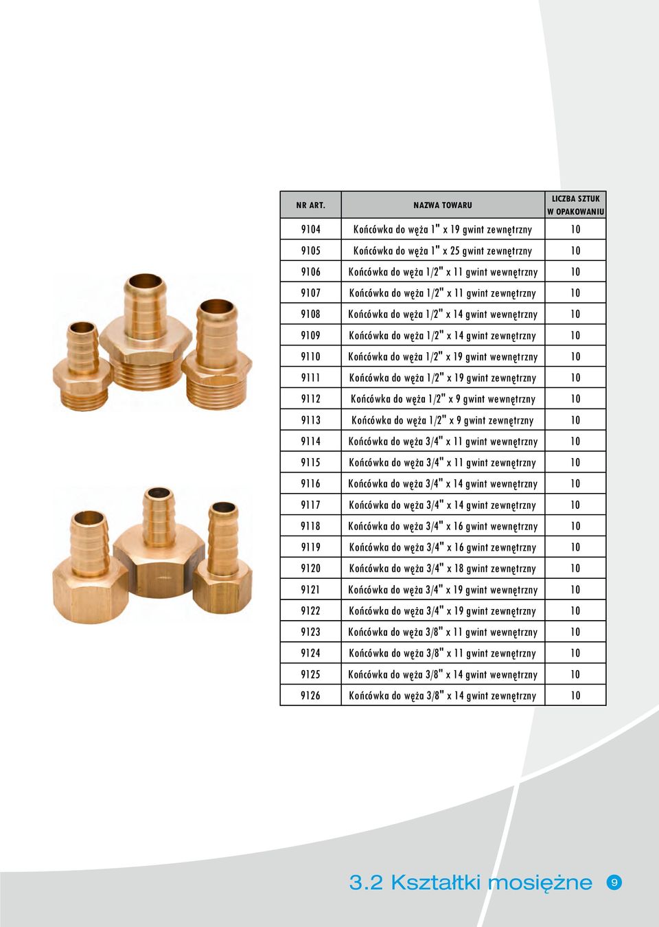 1/2" x 9 gwint wewnętrzny 9113 Końcówka do węża 1/2" x 9 gwint zewnętrzny 9114 Końcówka do węża 3/4" x 11 gwint wewnętrzny 9115 Końcówka do węża 3/4" x 11 gwint zewnętrzny 9116 Końcówka do węża 3/4"