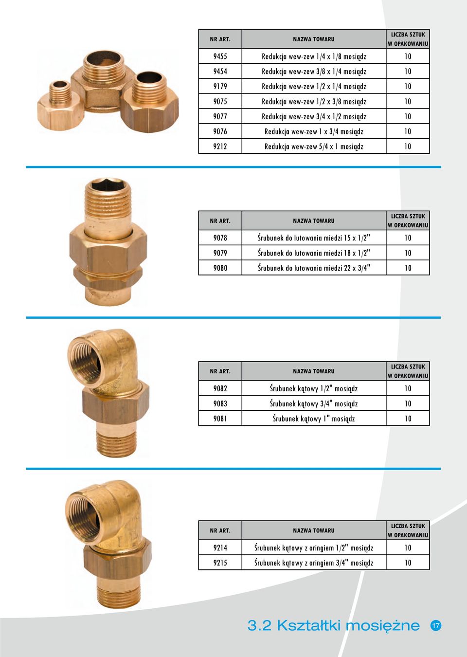 miedzi 15 x 1/2" 9079 Śrubunek do lutowania miedzi 18 x 1/2" 9080 Śrubunek do lutowania miedzi 22 x 3/4" 9082 Śrubunek kątowy 1/2" mosiądz 9083 Śrubunek
