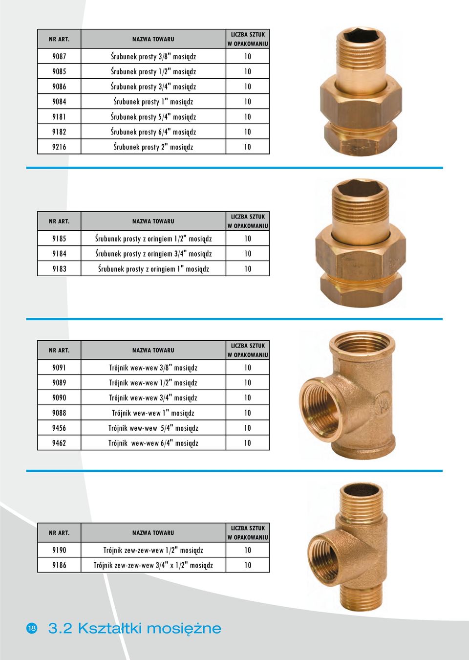 Śrubunek prosty z oringiem 1" mosiądz 9091 Trójnik wew-wew 3/8" mosiądz 9089 Trójnik wew-wew 1/2" mosiądz 9090 Trójnik wew-wew 3/4" mosiądz 9088 Trójnik wew-wew 1"