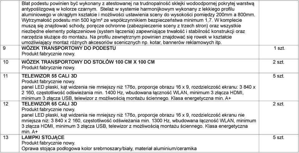 Wytrzymałość podestu min 500 kg/m² ze współczynnikiem bezpieczeństwa minimum 1,7.