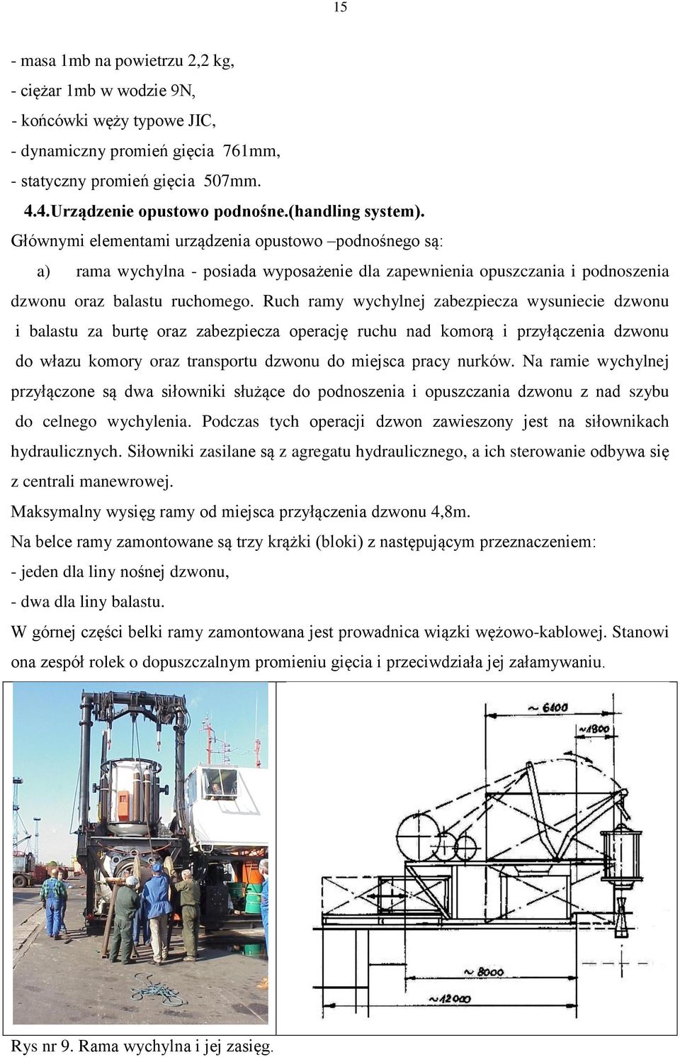 Ruch ramy wychylnej zabezpiecza wysuniecie dzwonu i balastu za burtę oraz zabezpiecza operację ruchu nad komorą i przyłączenia dzwonu do włazu komory oraz transportu dzwonu do miejsca pracy nurków.