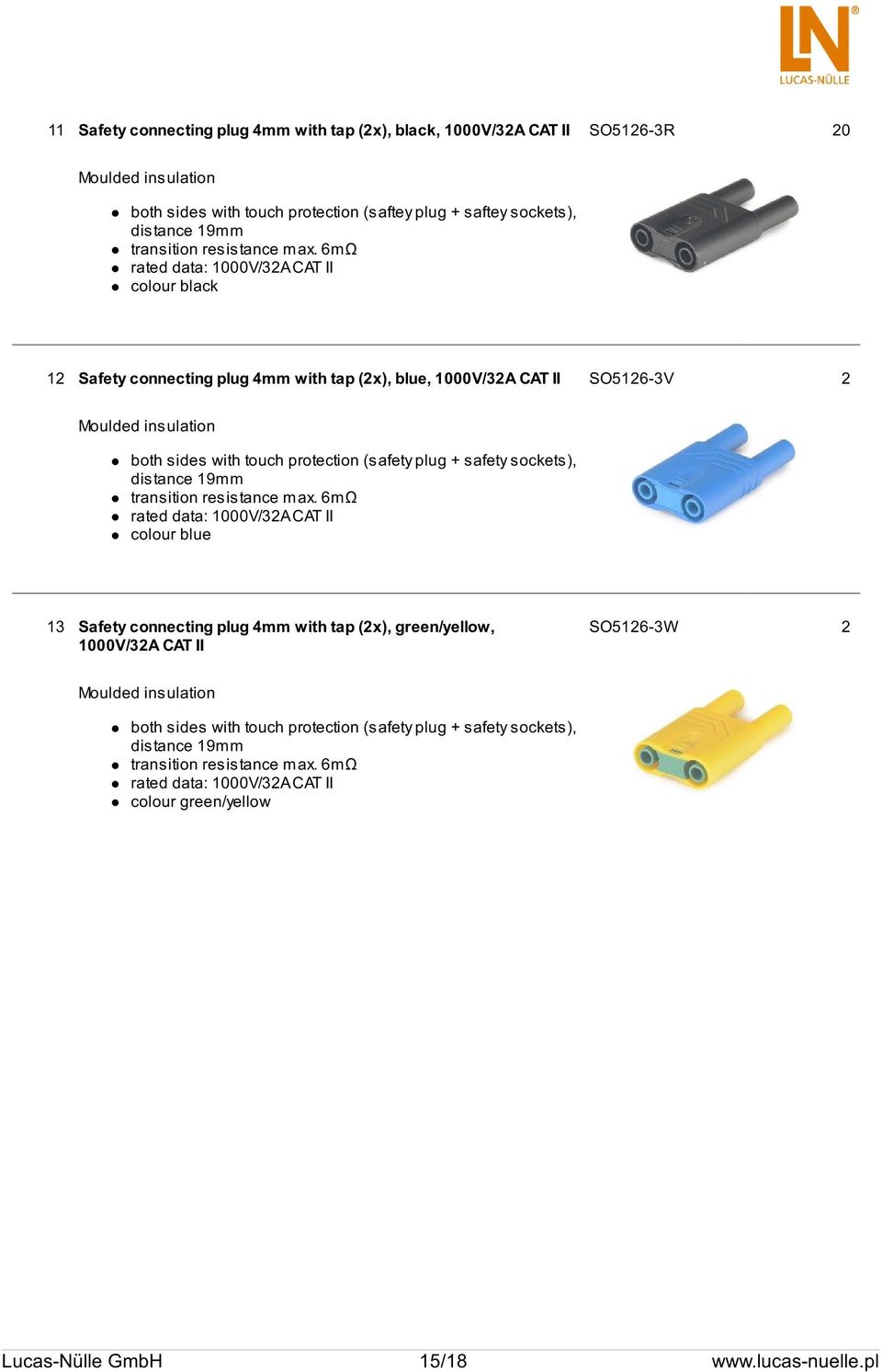 6mΩ rated data: 1000V/32A CAT II colour black 12 Safety connecting plug 4mm with tap (2x), blue, 1000V/32A CAT II SO5126-3V 2 Moulded insulation both sides with touch protection (safety plug + safety