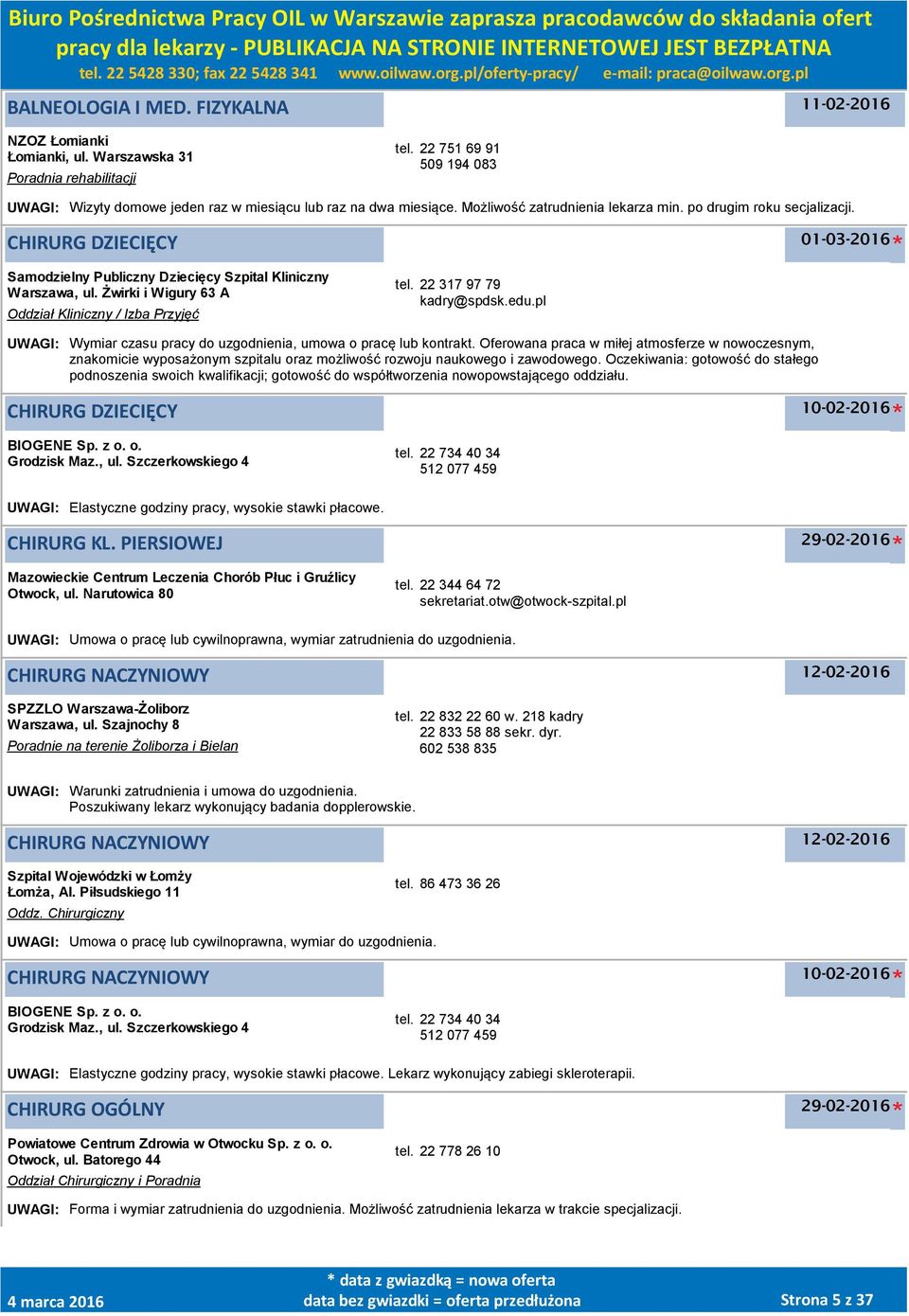 CHIRURG DZIECIĘCY 01-03-2016 Samodzielny Publiczny Dziecięcy Szpital Kliniczny Warszawa, ul. Żwirki i Wigury 63 A Oddział Kliniczny / Izba Przyjęć tel. 22 317 97 79 kadry@spdsk.edu.