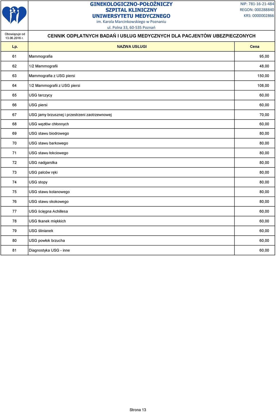 80,00 71 USG stawu łokciowego 80,00 72 USG nadgarstka 80,00 73 USG palców ręki 80,00 74 USG stopy 80,00 75 USG stawu kolanowego 80,00 76 USG stawu