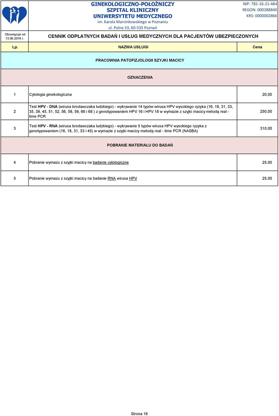 (wirusa brodawczaka ludzkiego) - wykrywanie 5 typów wirusa HPV wysokiego ryzyka z genotypowaniem (16, 18, 31, 33 i 45) w wymazie z szyjki macicy metodą real - time PCR