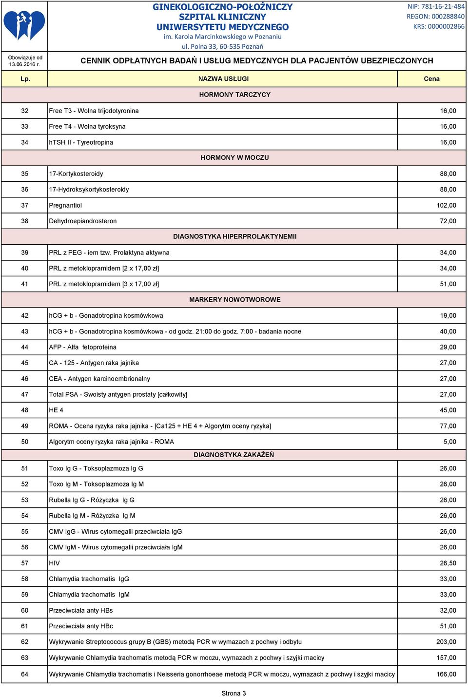 Prolaktyna aktywna 34,00 40 PRL z metoklopramidem [2 x 17,00 zł] 34,00 41 PRL z metoklopramidem [3 x 17,00 zł] 51,00 MARKERY NOWOTWOROWE 42 hcg + b - Gonadotropina kosmówkowa 19,00 43 hcg + b -