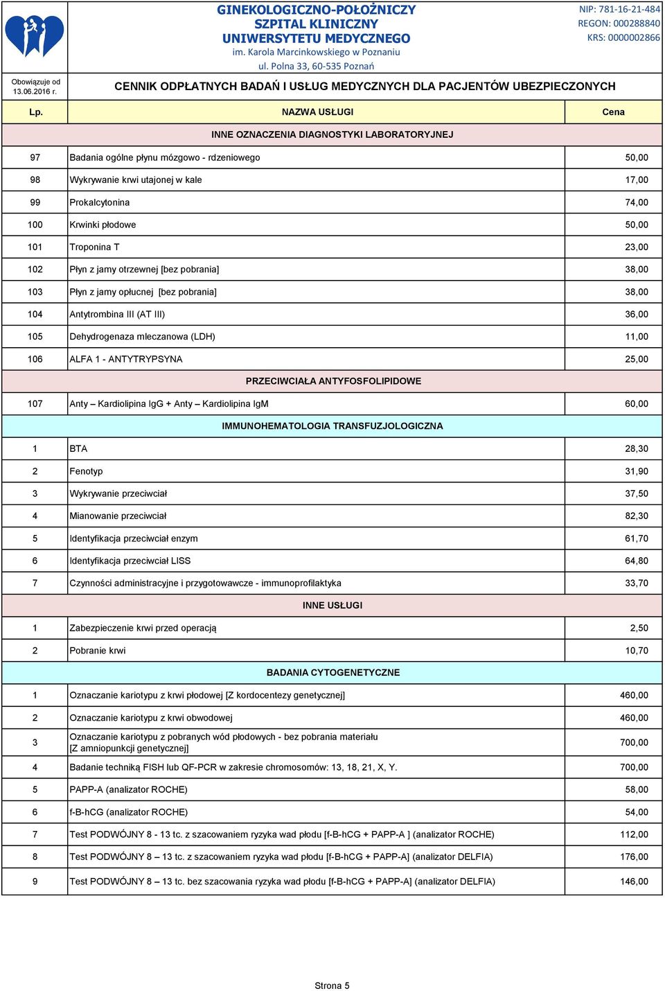 ANTYTRYPSYNA 25,00 PRZECIWCIAŁA ANTYFOSFOLIPIDOWE 107 Anty Kardiolipina IgG + Anty Kardiolipina IgM 60,00 IMMUNOHEMATOLOGIA TRANSFUZJOLOGICZNA 1 BTA 28,30 2 Fenotyp 31,90 3 Wykrywanie przeciwciał