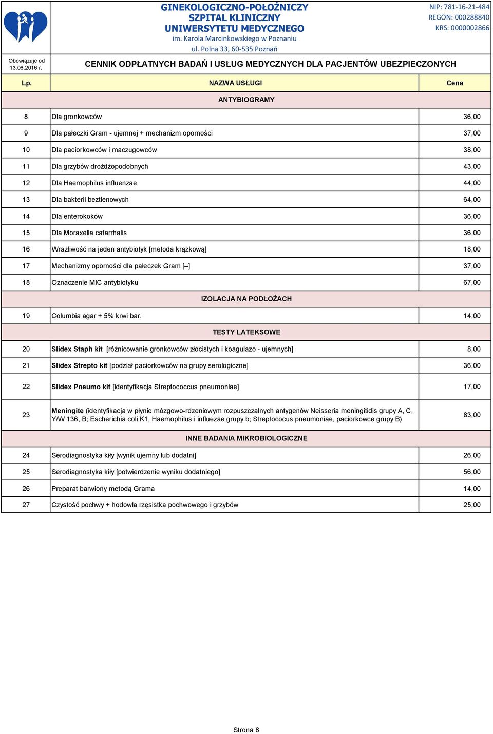 pałeczek Gram [ ] 37,00 18 Oznaczenie MIC antybiotyku 67,00 IZOLACJA NA PODŁOŻACH 19 Columbia agar + 5% krwi bar.