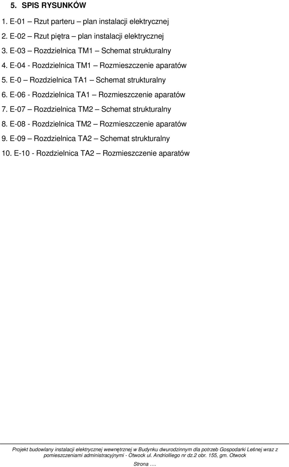 E-0 Rozdzielnica TA1 Schemat strukturalny 6. E-06 - Rozdzielnica TA1 Rozmieszczenie aparatów 7.