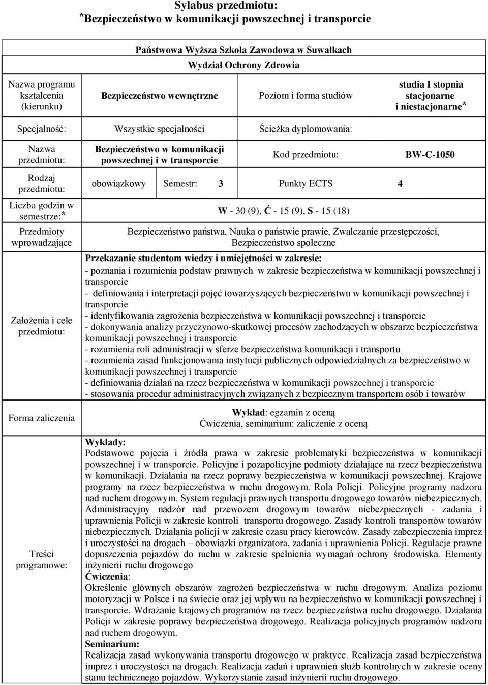 zaliczenia Treści programowe: Bezpieczeństwo w komunikacji powszechnej i w transporcie Kod obowiązkowy Semestr: 3 Punkty ECTS 4 W - 30 (9), Ć - 15 (9), S - 15 (18) BW-C-1050 Bezpieczeństwo państwa,