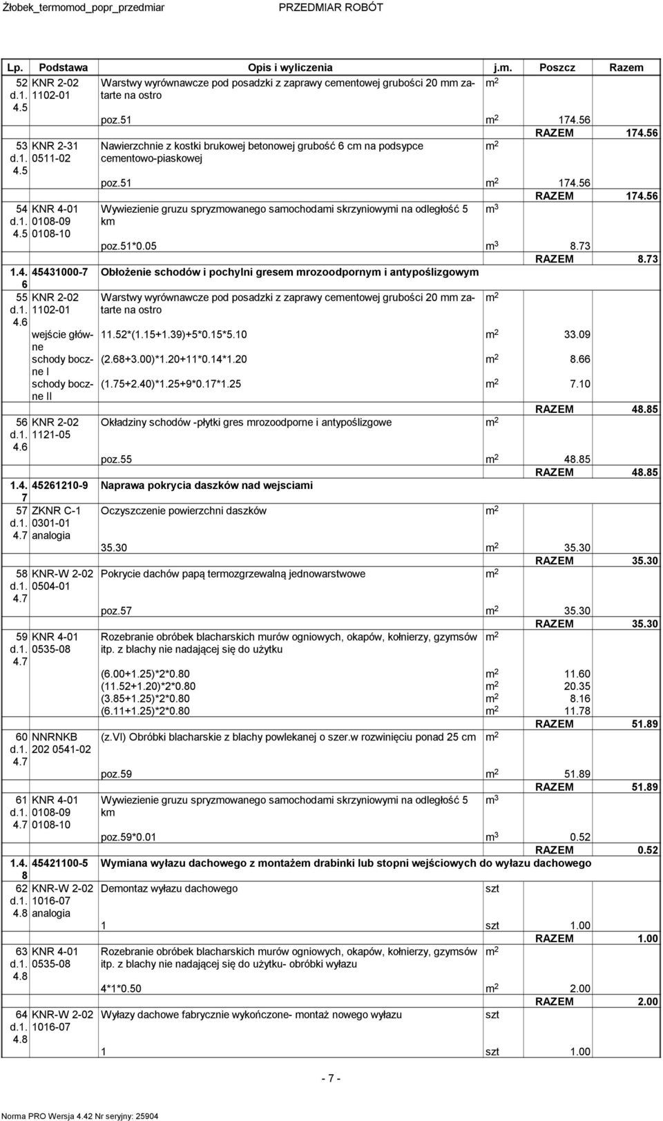 7 RAZEM 8.7.4. 454000-7 Obłożenie schodów i pochylni grese rozoodporny i antypoślizgowy 6 55 KNR -0 d.. 0-0 4.