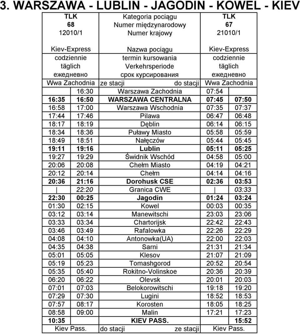 05:44 05:45 19:11 19:16 Lublin 05:11 05:25 19:27 19:29 Świdnik Wschód 04:58 05:00 20:06 20:08 Chełm Miasto 04:19 04:21 20:12 20:14 Chełm 04:14 04:16 20:36 21:16 Dorohusk CSE 02:36 03:53 22:20 Granica