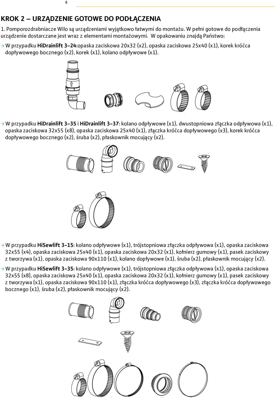 W opakowaniu znajdą Państwo: ƒ W przypadku HiDrainlift 3-24:opaska zaciskowa 2032 (2), opaska zaciskowa 2540 (), korek króćca dopływowego bocznego (2), korek (), kolano odpływowe ().