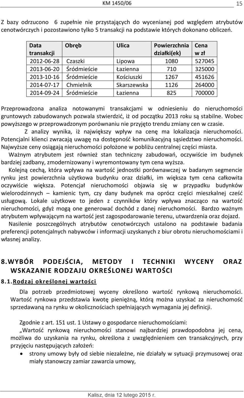 2014-07-17 Chmielnik Skarszewska 1126 264000 2014-09-24 Śródmieście Łazienna 825 700000 Przeprowadzona analiza notowanymi transakcjami w odniesieniu do nieruchomości gruntowych zabudowanych pozwala