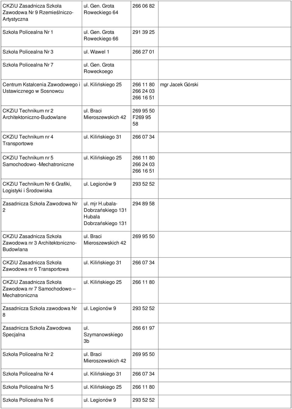 Kilińskiego 25 266 11 80 266 24 03 266 16 51 mgr Jacek Górski CKZiU Technikum nr 2 Architektoniczno-Budowlane F269 95 58 CKZiU Technikum nr 4 Transportowe ul.