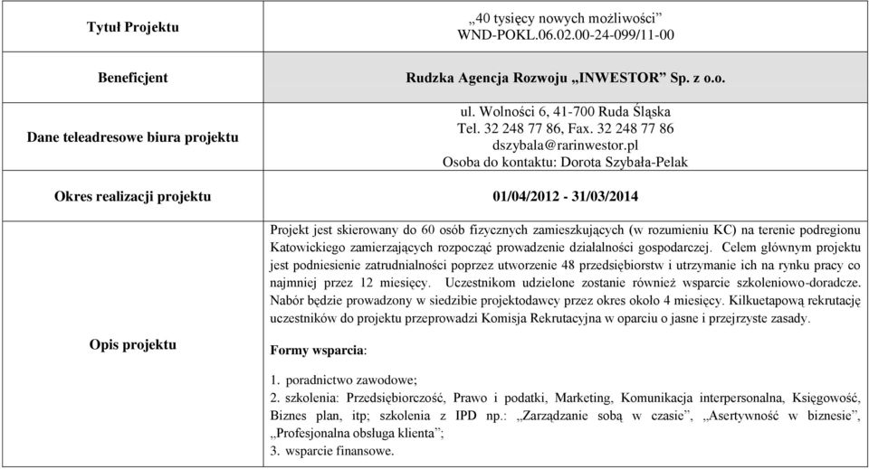 podregionu Katowickiego zamierzających rozpocząć prowadzenie działalności gospodarczej.