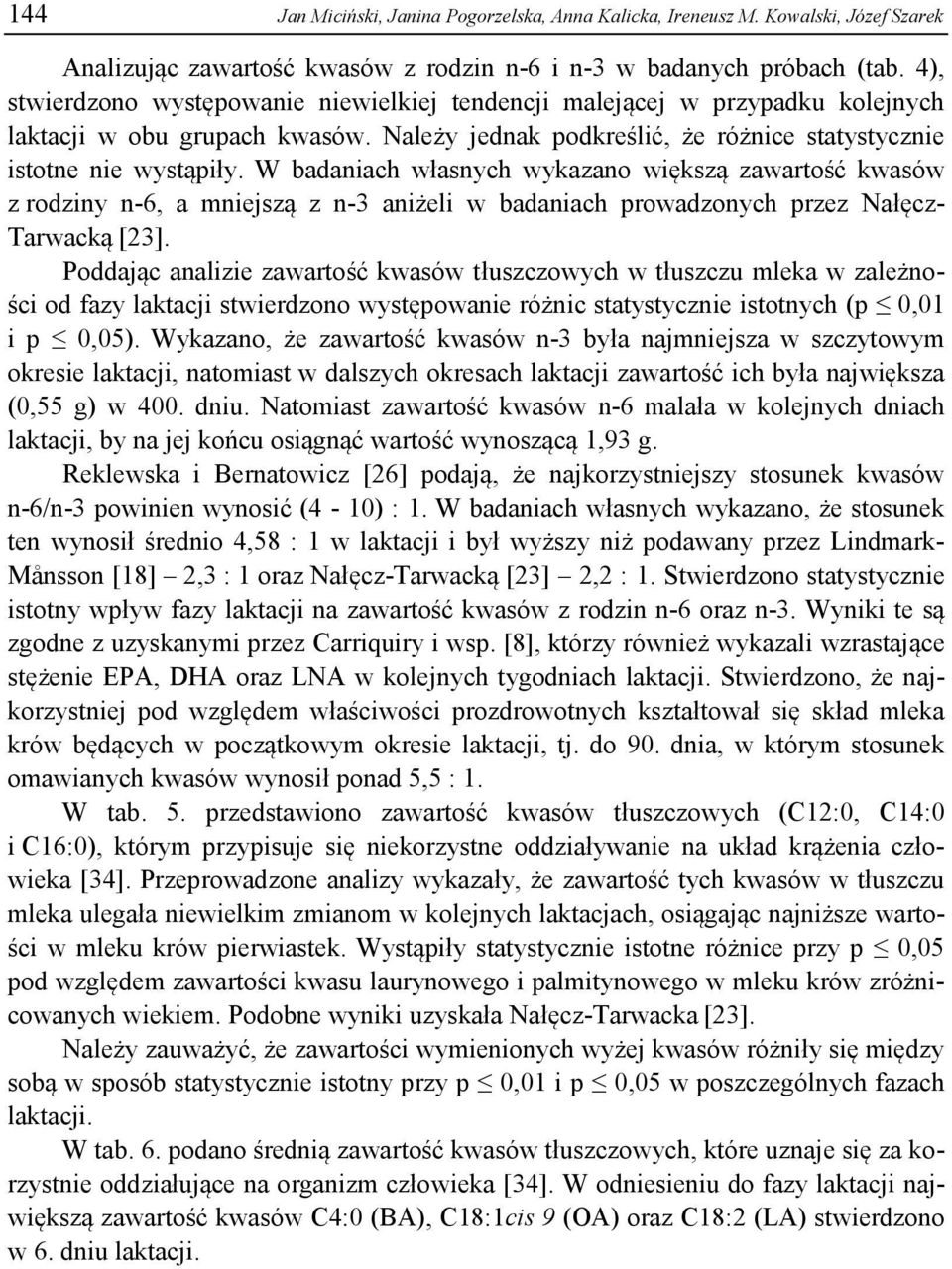 W badaniach własnych wykazano większą zawartość kwasów z rodziny n-6, a mniejszą z n-3 aniżeli w badaniach prowadzonych przez Nałęcz- Tarwacką [23].