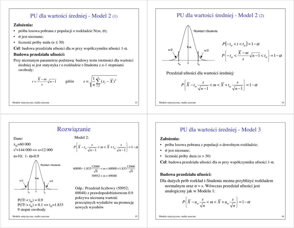 Model () -t 0 t Rozklad t-studeta - / / rzedział ufoci dla wartoci rediej: { t < t < t } t < < t t < m < X + t Modele tatytycze, tudia zaocze 3 Modele tatytycze, tudia zaocze 4 Dae: x r =60 000 =44