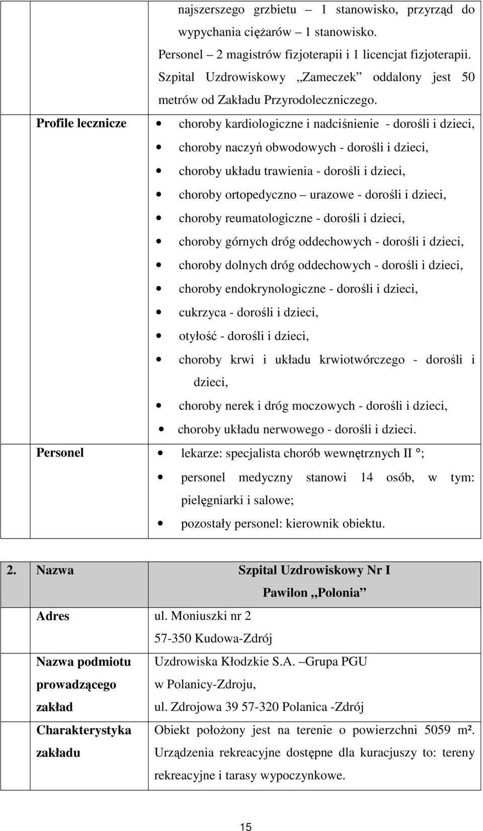 Profile lecznicze choroby kardiologiczne i nadciśnienie - dorośli i dzieci, choroby naczyń obwodowych - dorośli i dzieci, choroby układu trawienia - dorośli i dzieci, choroby ortopedyczno urazowe -