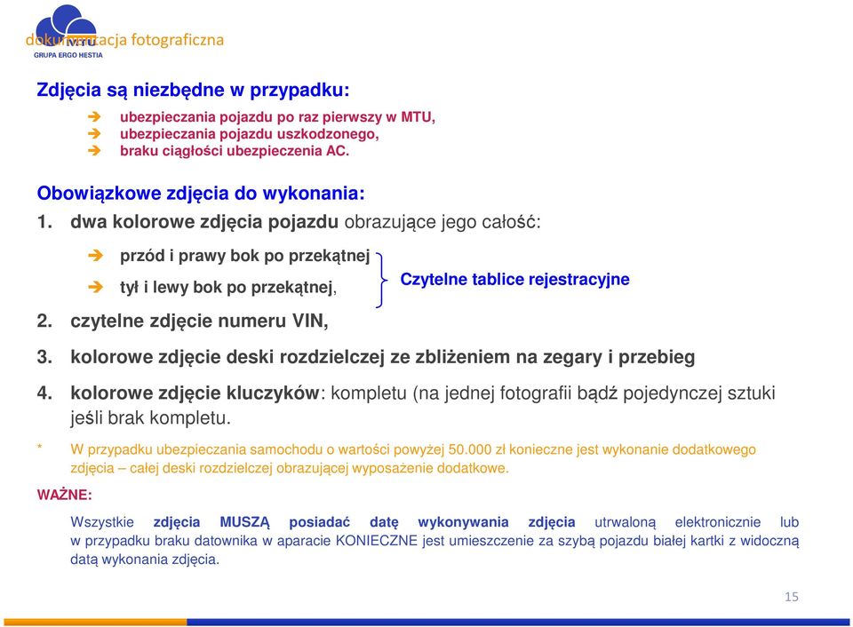 czytelne zdjęcie numeru VIN, 3. kolorowe zdjęcie deski rozdzielczej ze zbliżeniem na zegary i przebieg 4.