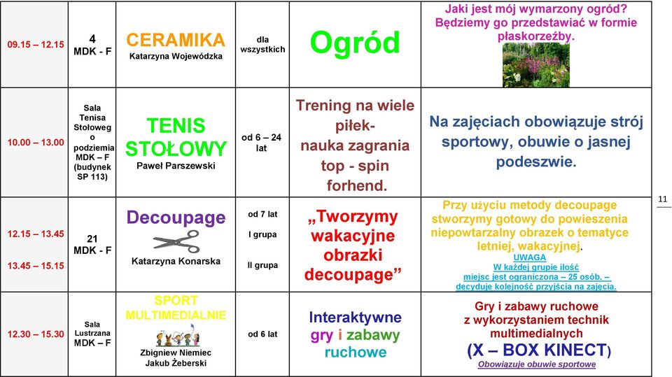 piłeknauka zagrania top - spin forhend. Tworzymy wakacyjne obrazki decoupage Na zajęciach obowiązuje strój sportowy, obuwie o jasnej podeszwie.