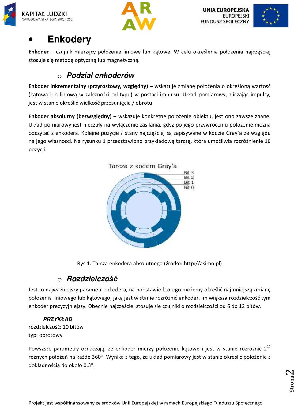 Układ pomiarowy, zliczając impulsy, jest w stanie określić wielkość przesunięcia / obrotu. Enkoder absolutny (bezwzględny) wskazuje konkretne położenie obiektu, jest ono zawsze znane.