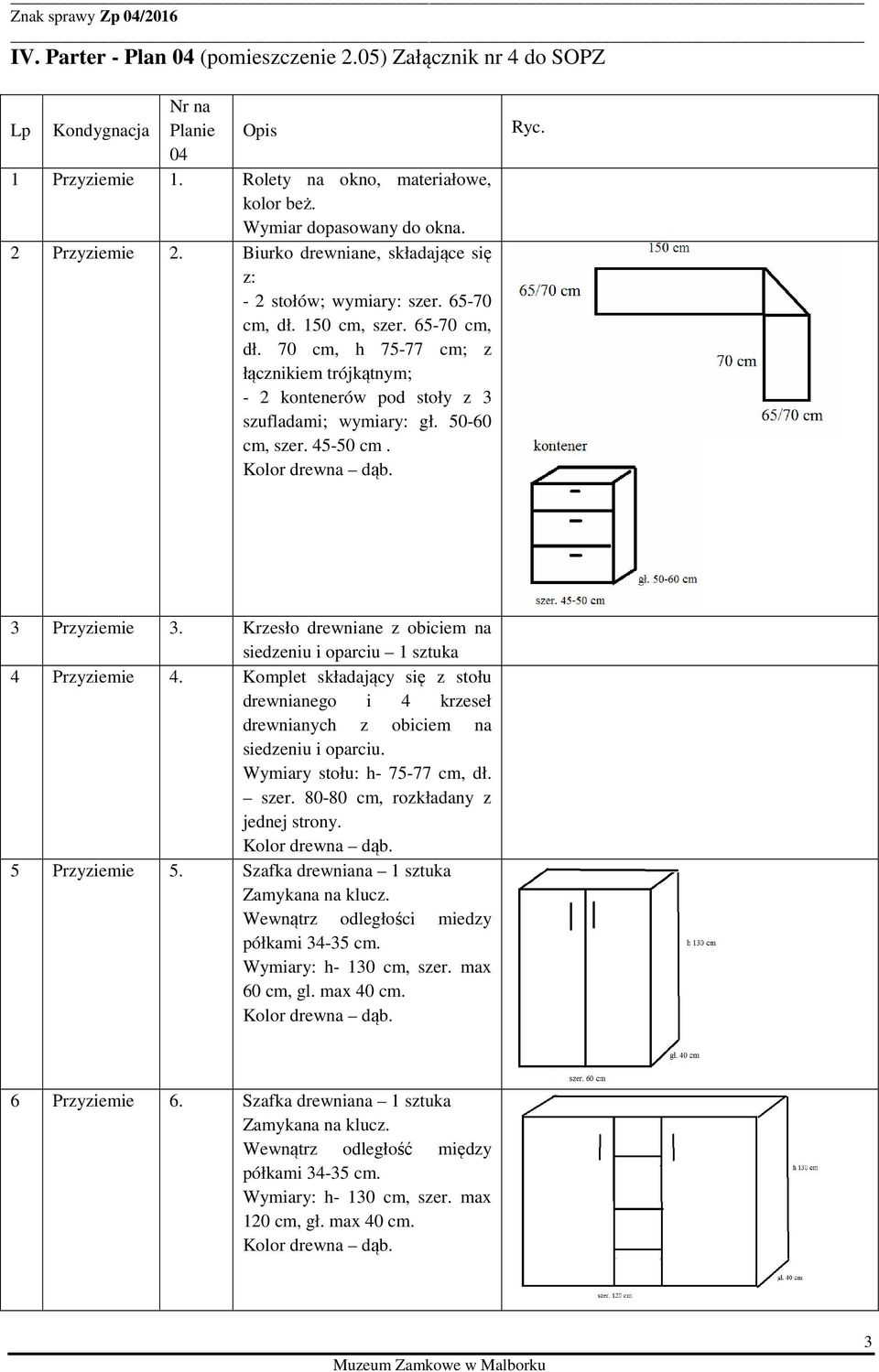 50-60 cm, szer. 45-50 cm. Ryc. 3 Przyziemie 3. Krzesło drewniane z obiciem na siedzeniu i oparciu 1 sztuka 4 Przyziemie 4.