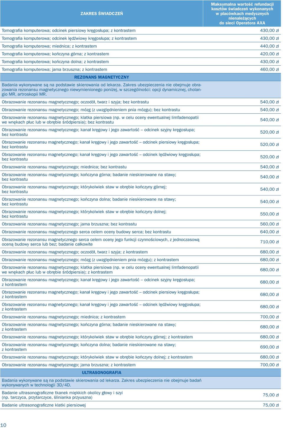 podstawie skierowania od lekarza. Zakres ubezpieczenia nie obejmuje obrazowania rezonansu magnetycznego niewymienionego poniżej, w szczególności: opcji dynamicznej, cholangio MR, artroskopii MR.