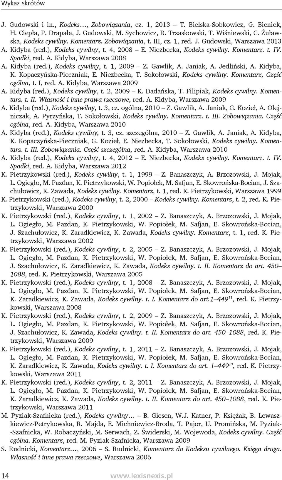 Spadki, red. A. Kidyba, Warszawa 2008 A. Kidyba (red.), Kodeks cywilny, t. 1, 2009 Z. Gawlik, A. Janiak, A. Jedliński, A. Kidyba, K. Kopaczyńska-Pieczniak, E. Niezbecka, T. Sokołowski, Kodeks cywilny.