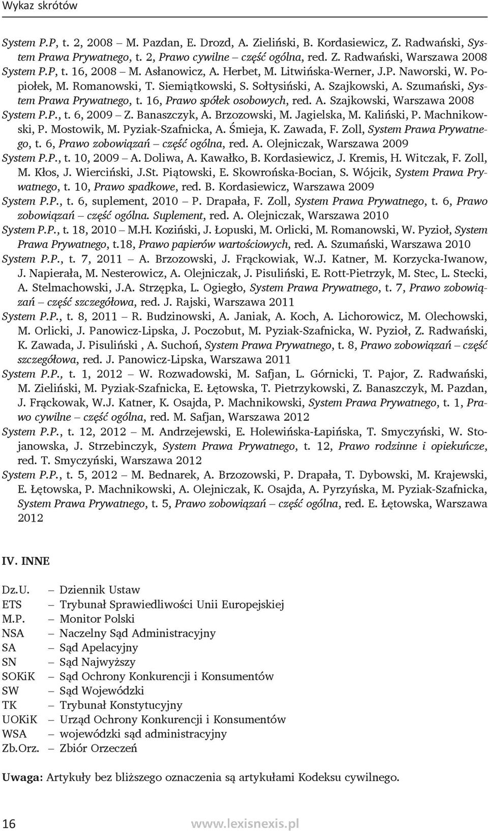 16, Prawo spółek osobowych, red. A. Szajkowski, Warszawa 2008 System P.P., t. 6, 2009 Z. Banaszczyk, A. Brzozowski, M. Jagielska, M. Kaliński, P. Machnikowski, P. Mostowik, M. Pyziak-Szafnicka, A.