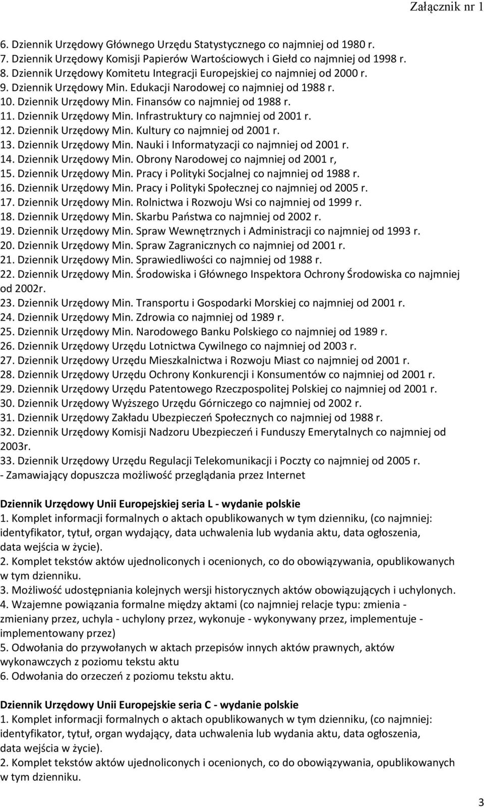 11. Dziennik Urzędowy Min. Infrastruktury co najmniej od 2001 r. 12. Dziennik Urzędowy Min. Kultury co najmniej od 2001 r. 13. Dziennik Urzędowy Min. Nauki i Informatyzacji co najmniej od 2001 r. 14.