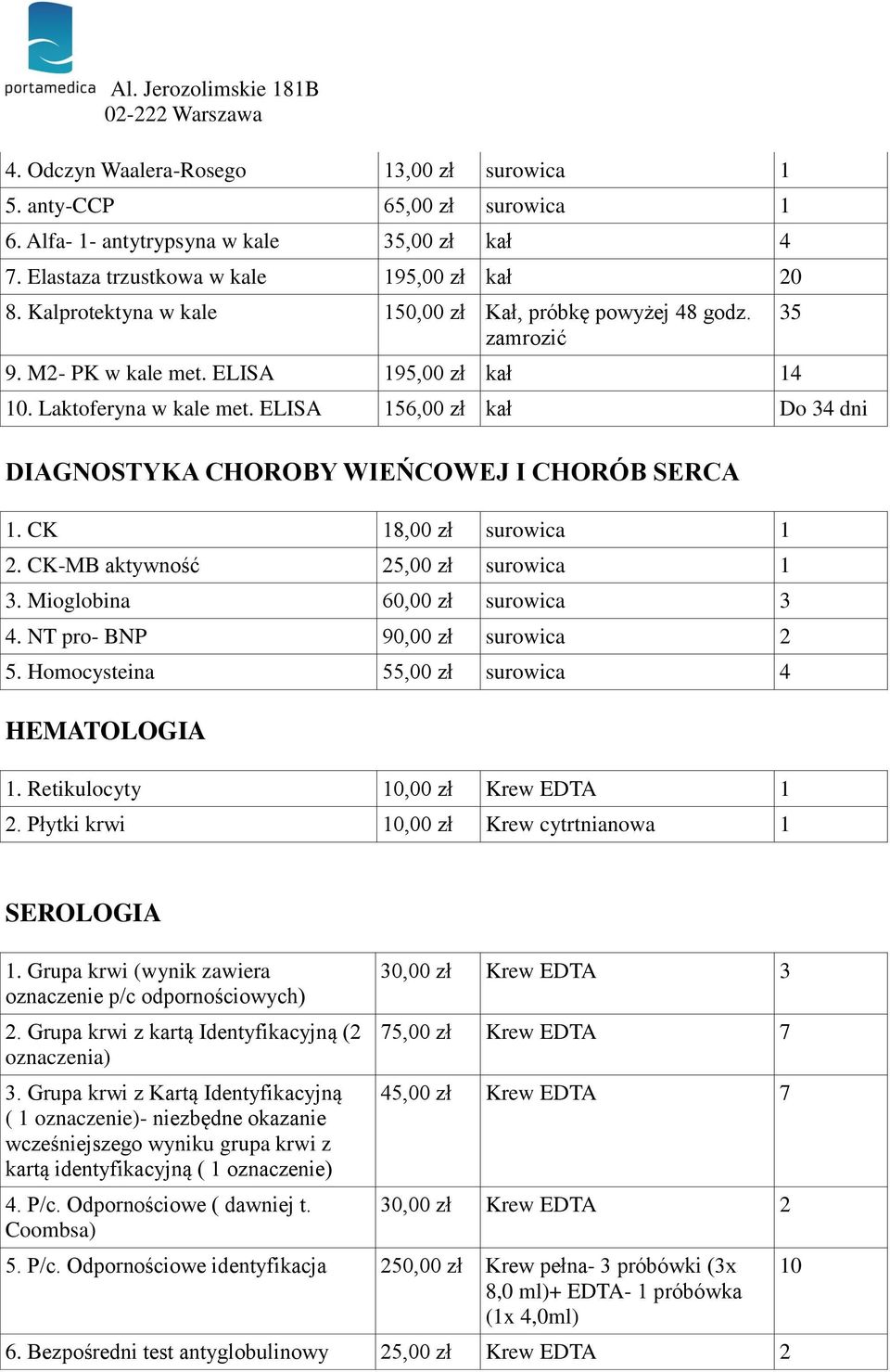ELISA 156,00 zł kał Do 34 dni DIAGNOSTYKA CHOROBY WIEŃCOWEJ I CHORÓB SERCA 1. CK 18,00 zł 1 2. CK-MB aktywność 25,00 zł 1 3. Mioglobina 60,00 zł 3 4. NT pro- BNP 90,00 zł 2 5.