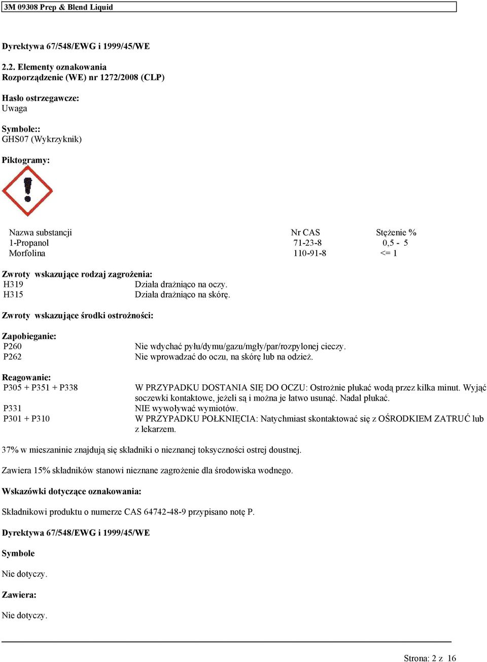 wskazjące rodzaj zagrożenia: H319 Działa drażniąco na oczy. H315 Działa drażniąco na skórę.