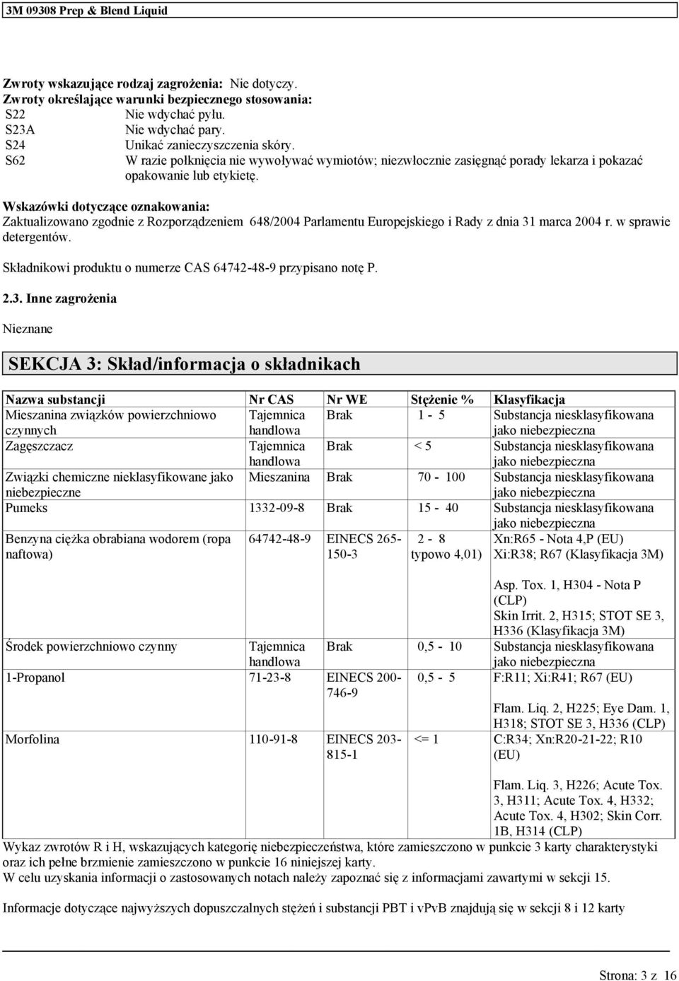Wskazówki dotyczące oznakowania: Zaktalizowano zgodnie z Rozporządzeniem 648/2004 Parlament Eropejskiego i Rady z dnia 31 marca 2004 r. w sprawie detergentów.