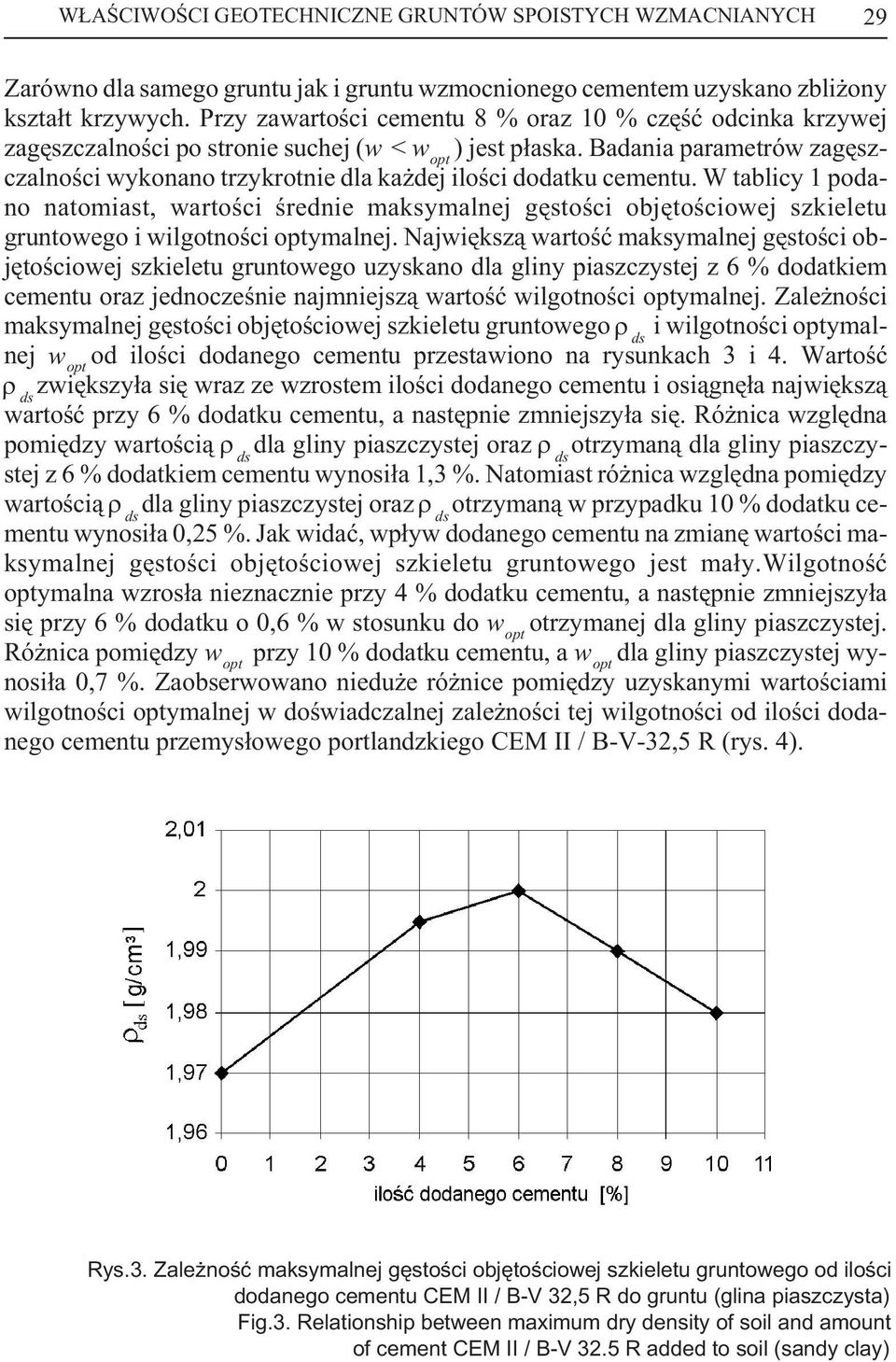 Badania parametrów zagêszczalnoœci wykonano trzykrotnie dla ka dej iloœci dodatku cementu.