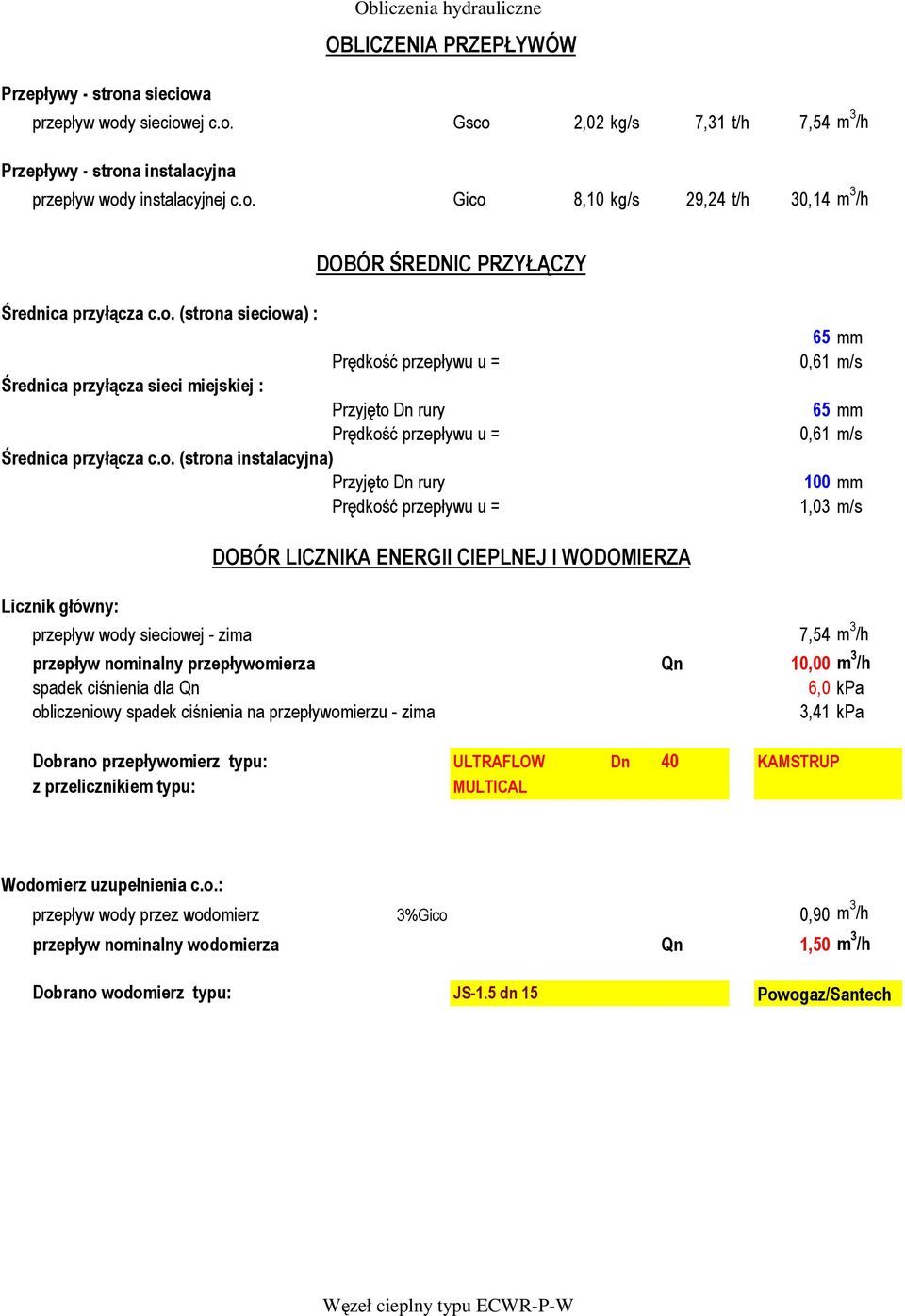 przepływu u = 65 mm 0,61 m/s 65 mm 0,61 m/s 100 mm 1,03 m/s Licznik główny: DOBÓR LICZNIKA ENERGII CIEPLNEJ I WODOMIERZA przepływ wody sieciowej - zima 7,54 m 3 /h przepływ nominalny przepływomierza