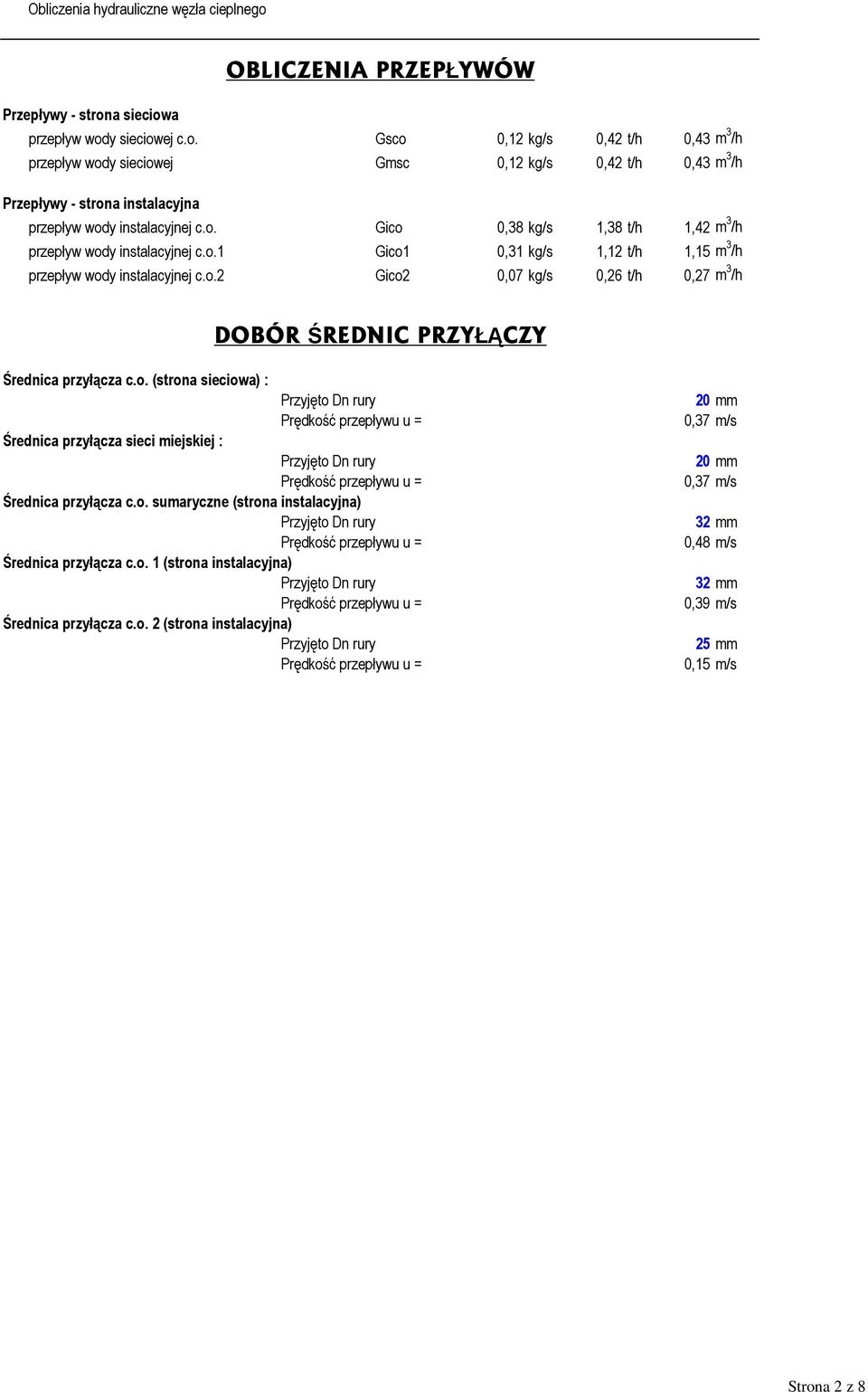 o. (strona sieciowa) : Średnica przyłącza sieci miejskiej : Średnica przyłącza c.o. sumaryczne (strona instalacyjna) Średnica przyłącza c.o. 1 (strona instalacyjna) Średnica przyłącza c.