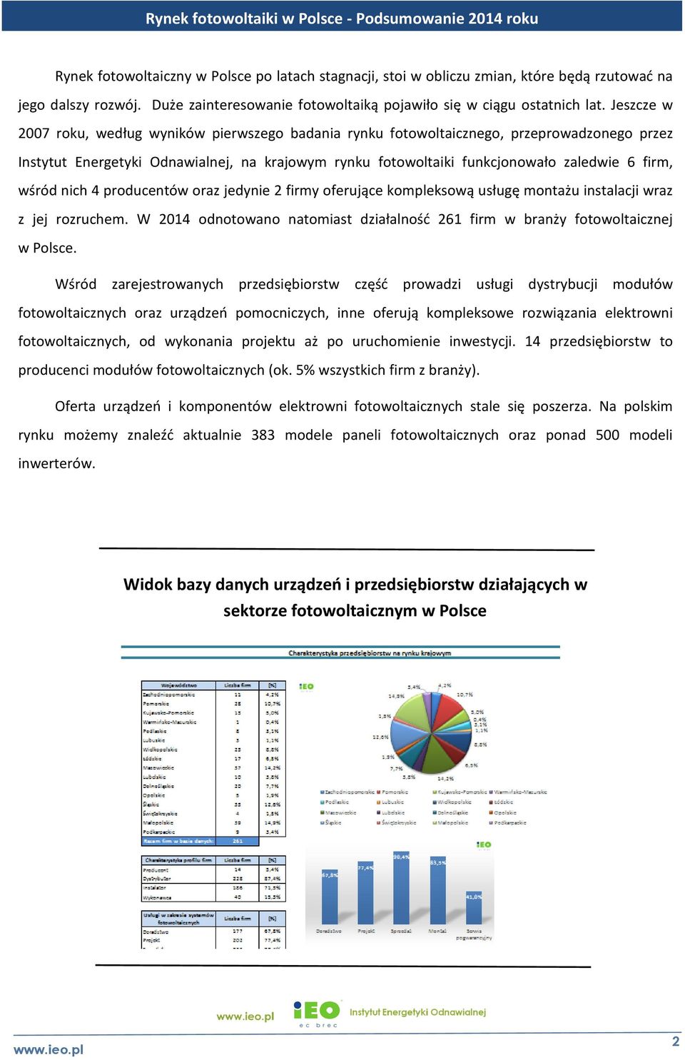 wśród nich 4 producentów oraz jedynie 2 firmy oferujące kompleksową usługę montażu instalacji wraz z jej rozruchem. W 2014 odnotowano natomiast działalność 261 firm w branży fotowoltaicznej w Polsce.