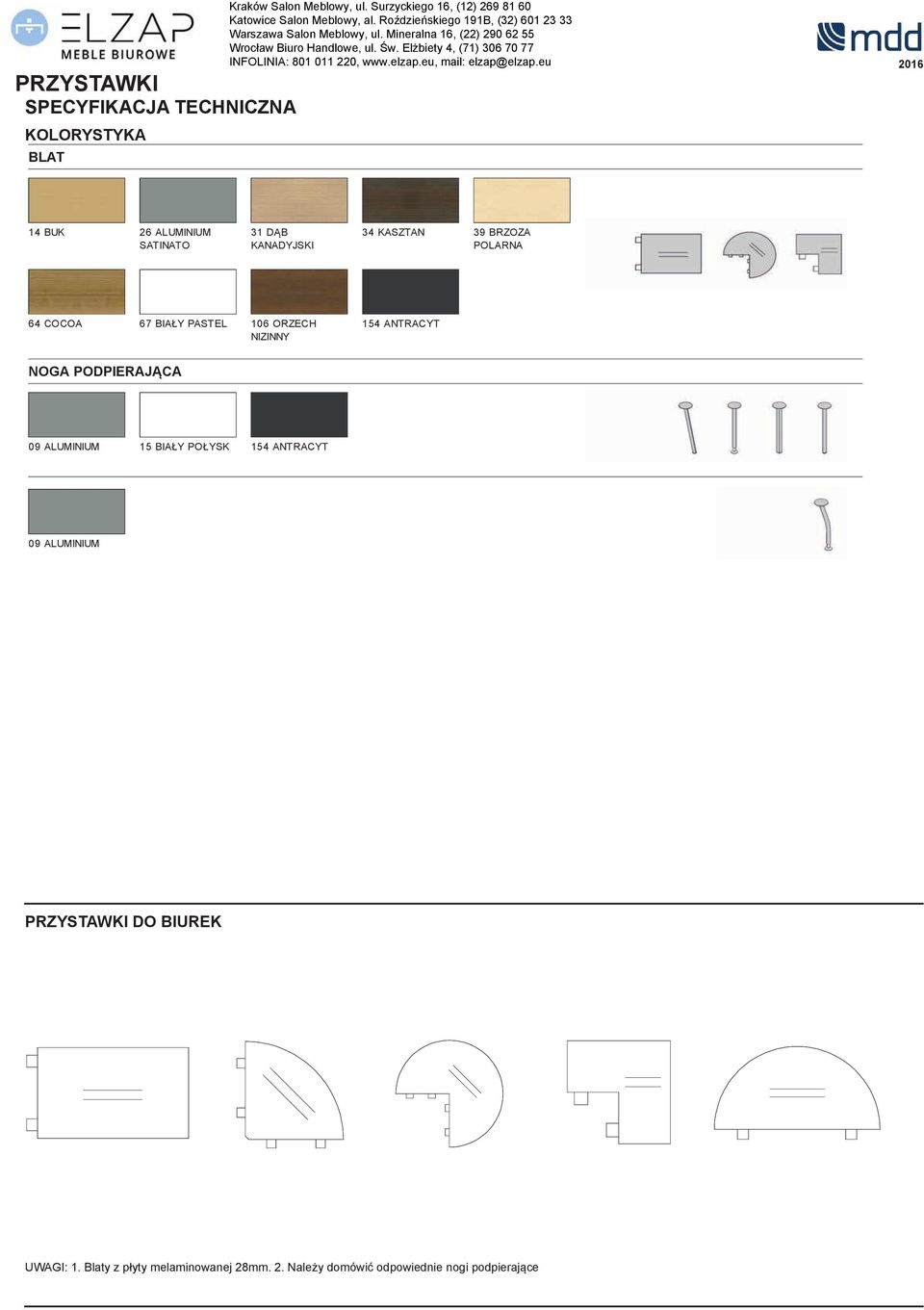 POLARNA 64 COCOA 67 BIAŁY PASTEL 106 ORZECH NIZINNY 154 ANTRACYT NOGA PODPIERAJCA 09 ALUMINIUM 15 BIAŁY