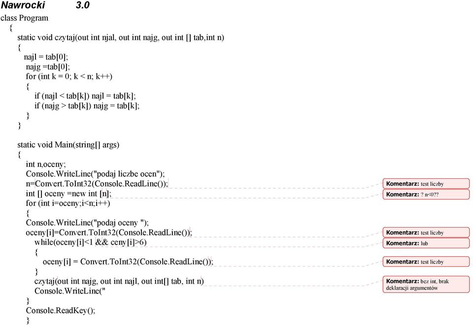 najg = tab[k]; int n,oceny; Console.WriteLine("podaj liczbe ocen"); n=convert.toint32(console.readline()); int [] oceny =new int [n]; for (int i=oceny;i<n;i++) Console.