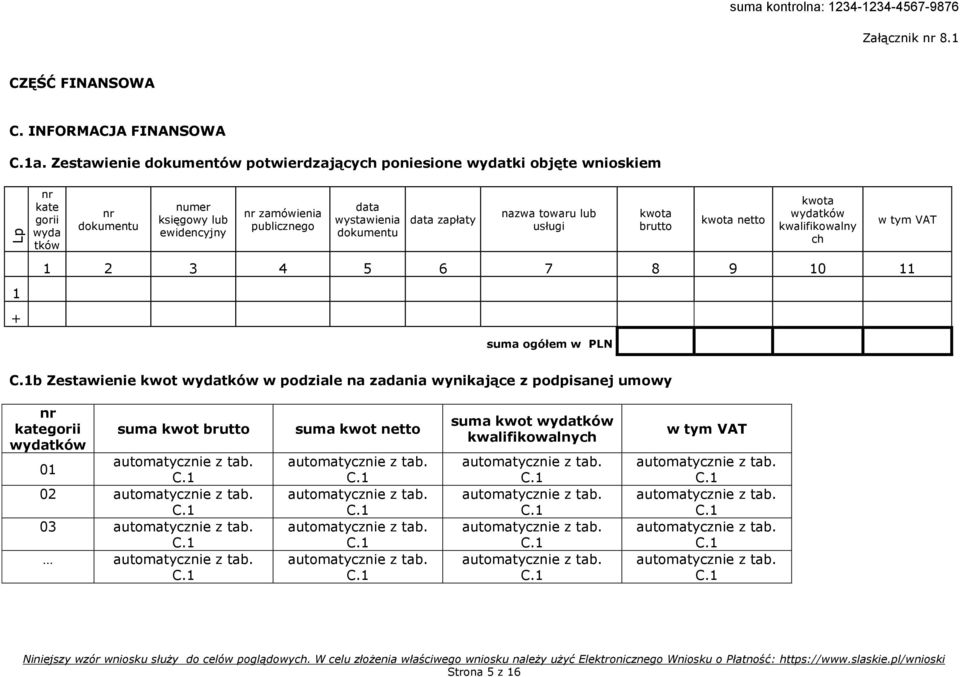 data wystawienia dokumentu data zapłaty nazwa towaru lub usługi kwota brutto kwota netto kwota wydatków kwalifikowalny ch w tym VAT 1 2 3 4 5 6 7 8 9 10 11 1 suma ogółem