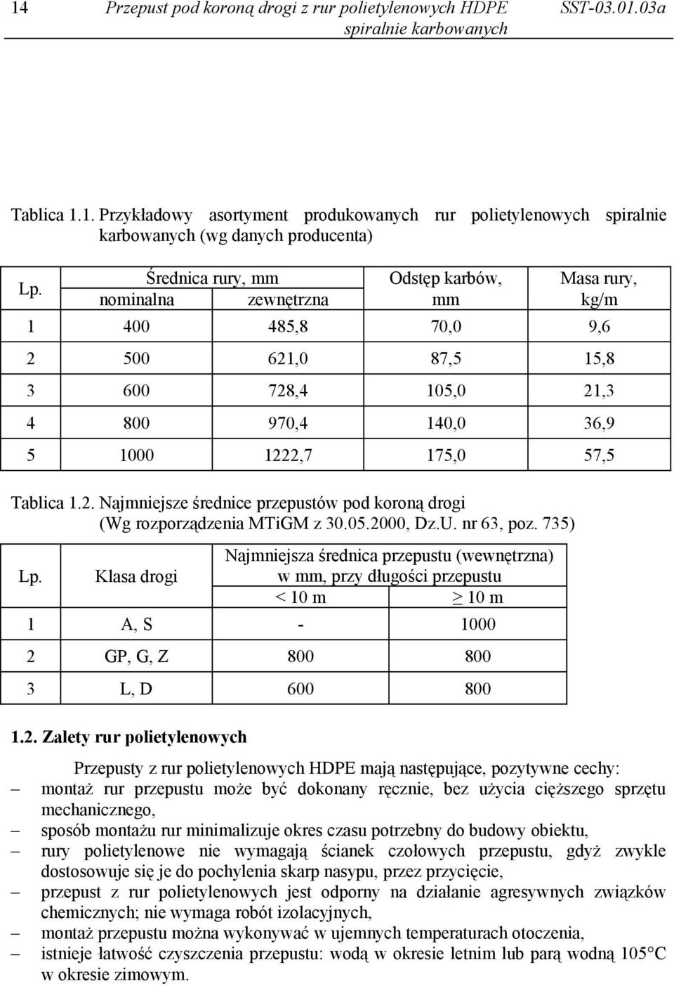 05.2000, Dz.U. nr 63, poz. 735) Lp. Klasa drogi Najmniejsza średnica przepustu (wewnętrzna) w mm, przy długości przepustu < 10 m 10 m 1 A, S - 1000 2 GP, G, Z 800 800 3 L, D 600 800 1.2. Zalety rur