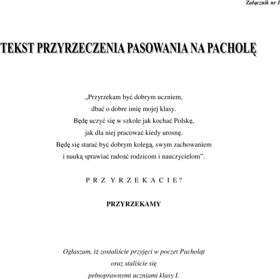 Będę się starać być dobrym kolegą, swym zachowaniem i nauką sprawiać radość rodzicom i